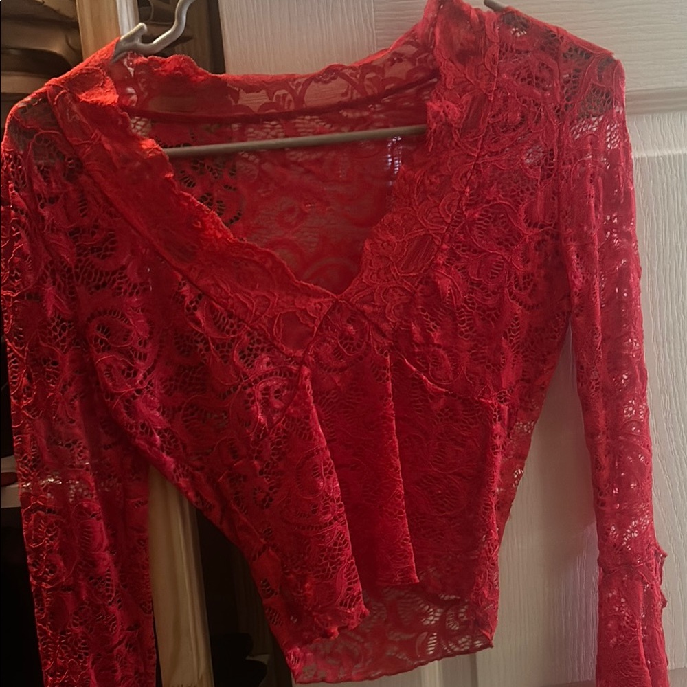 SHEIN Red Embellished Crop Blouse